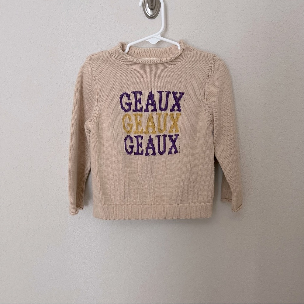 Kids Beige Knit Sweater with Purple and Gold 'Geaux' Graphic